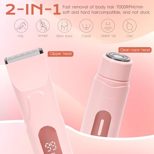 XkuiHF Máquina de Afeitar Eléctrica 2 en 1 para Mujer - Depiladora para Bikini, Cuerpo y Cara - Impermeable para Uso en Seco/Mojado - Cortapelos Corporal con Diseño Ergonómico (rosa) - imagen 2