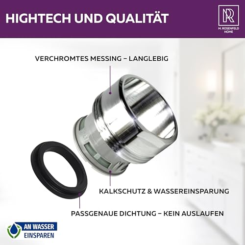 M. ROSENFELD HOME Strahlregler Wasserhahn Aufsatz Küche & Bad M24 Wassersparen 5 l/min - High Tech Anti Kalk Wasserhahn Sieb mit Kugelförmige Filter - Luftsprudler aus Messing - In Italien hergestellt