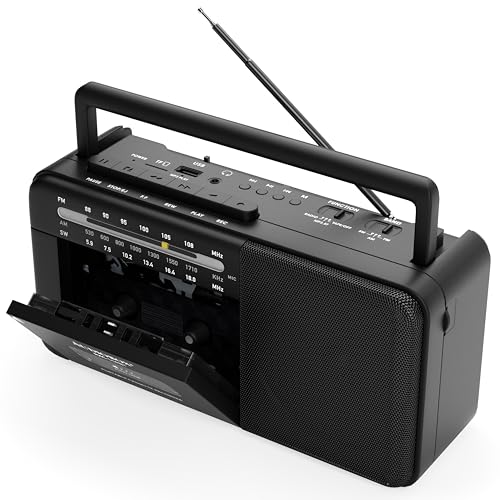 Audiobox RXC-15RBT Leitor de fitas cassete recarregável com Bluetooth, AM/FM/SW, USB e entrada AUX –