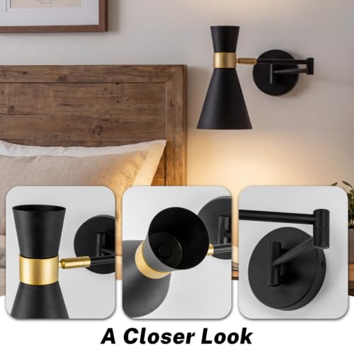 Image of OSYNNIQ Wall Sconce Light with Adjustable Swing Arm for Bedside Reading | Wall Lamp, Modern, Industrial, Lighting Fixture, Black, Hardwired, for Bedroom /Living Room /Indoor, E26 Bulb Included