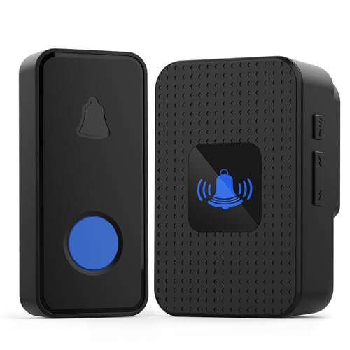 Nestling Timbre Inalámbrico, Kit Timbre Inalámbrico Exterior Impermeable IP55, Alcance 300m, 55 melodías, 5 Niveles de Volumen, LED Azul para Emergencias en el Hogar Oficina, Negro