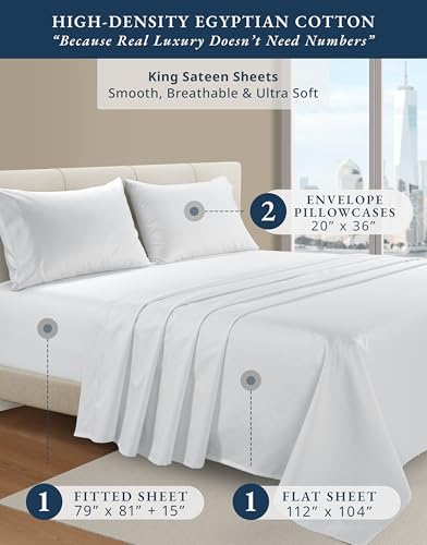 Image of LANE LINEN Cotton Bed Sheets King Egyptian Cotton Sateen - Brilliant White | Split Top King Sheets Sets For Adjustable Bed - 4-Piece Set, For Guests And Everyday Use, Buttery-Soft Silky Sateen
