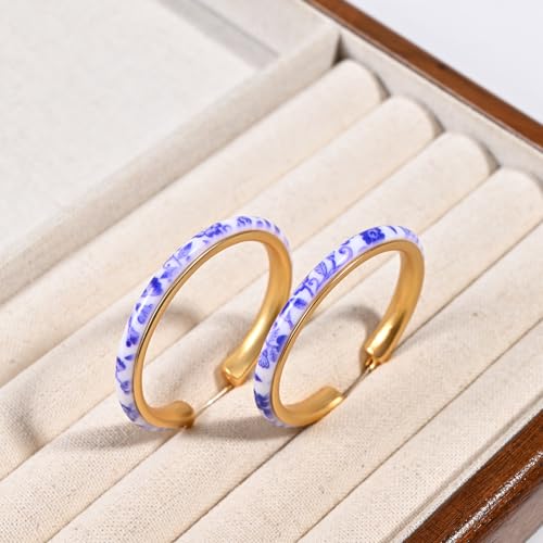 Blue and White Porcelain Hoop Earrings for Women 18k Gold Plated Silver Needle Vintage Big Round Earrings Chinese Style Unique Personalized Drop Hoop Earrings Jewelry4