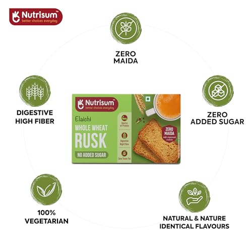 Image of Nutrisum Whole Wheat Rusk | No Maida, No Added Sugar | High Fiber Atta Toast | Crispy Elaichi(Cardamom) Tea Toast | Healthy Rusk for Breakfast & Chai Snack | 90g (Pack of 1)