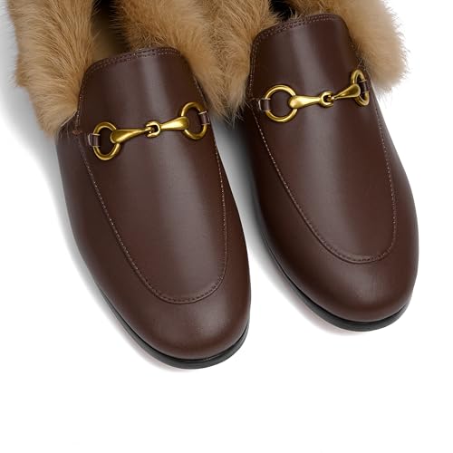 Image of Vertundy Brown Loafers Fur Loafers for Women Low Heel Flats Loafers