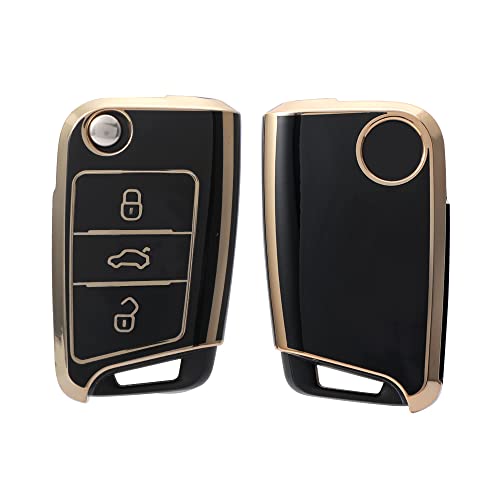 Image of Keyzone TPU car Key Cover Compatible for Skoda Slavia, Kodiaq, Kushaq, Karoq, Octavia 3 Button flip Key (Gold Black)
