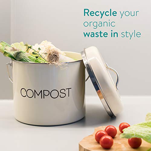 Navaris Poubelle à Compost 3L - Bac à Compost de Cuisine en Acier Inoxydable - Composteur de Cuisine pour Déchets Alimentaires - 3X Filtre Charbon