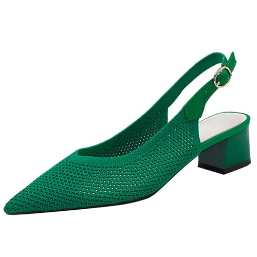 Slingback Heels for Women Closed Pointed Toe Cute Bowknot Knitted Low Chunky Block Heel Pumps with Ankle Strap Summer Work Party Dress Shoes