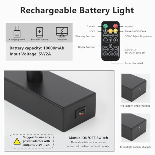 Image of Joosenhouse Battery Operated Picture Light, Wireless Gallery Light with Remote Control and Timer Off, 10000mAh Rechargeable Painting Art Light, 23.23 Inch Dimmable Black Wall Sconce