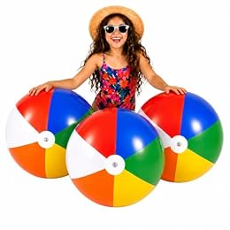 4E's Novelty Beach Balls [3 Pack] 20" Inflatable Beach Balls for Kids - Pool Games Toys for Kids & Toddlers, Classic Rainbow Color, Easter Outdoor Yard Games