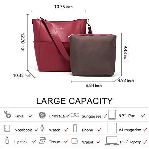 Bostanten Women's Leather Designer Handbags Tote Purses Shoulder Bucket Bags And Leather Wallet Rfid Blocking Small Bifold Zipper Pocket Wallet Card Case Red Bundle #TOP3