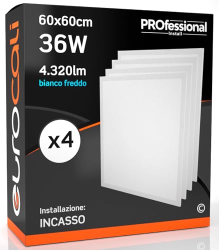 Eurocali 4x Pannelli LED 36W 60x60cm 4320 lumen - Luce Bianco Freddo 6500K - Fascio Luminoso 110