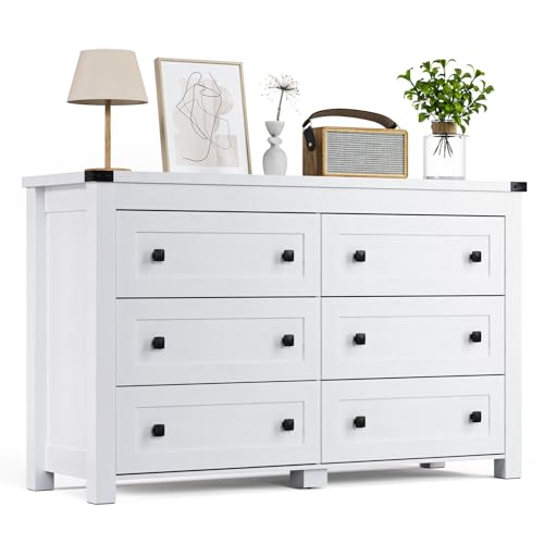 Image of HUANLEGO White Dresser for Bedroom with 6 Drawers, Modern Chest of Drawers, Wood Rustic Wide Storage Drawers Dressers Organizer for Closet, Living Room, Hallway