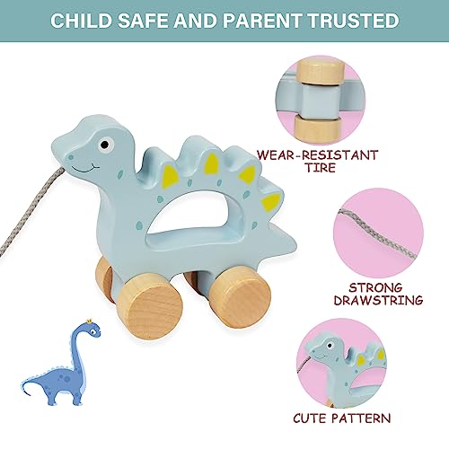 Image of Baby Toys Car,Wooden Pull Along Toddler Toy, Developmental Toy for 1 Year Old Girl Boy Birthday Gift (Dinosaur)