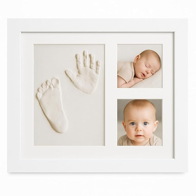 Image of AbhiKalpya Art Studio Baby Handprint & Footprint Keepsake Kit with Frame | Soft Clay Newborn Memory Gift White Set of (1) (Baby Keepsake)