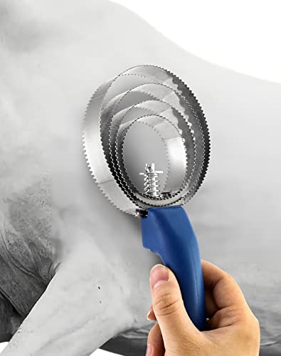 QWORK® Doppelseitiger Striegel, Pferdebürste, 4 Ringen, mit Soft Touch Griff