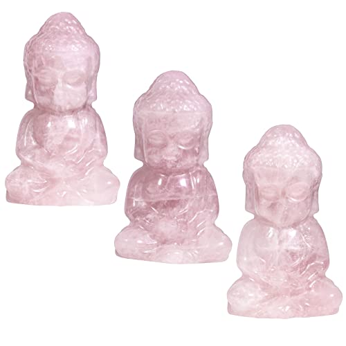 Estatua de Buda tallada a mano en cuarzo rosa 1.9 pulg miniatura 5