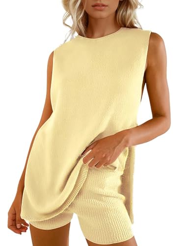 Wyeysyt 2 Piece Sets for Women Summer, Sweater Set Sleeveless Tunic Top and Shorts Beach Vacation Sets Tracksuits