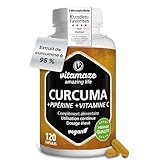 Curcuma Gélules 1440 mg   Avec Vitamine C + Pipérine   Natural Supplement pour Digestif et Articulations 95% Curcumin   120 Capsules Vegan pour 40 Jours   Sans Additifs  Vitamaze®
