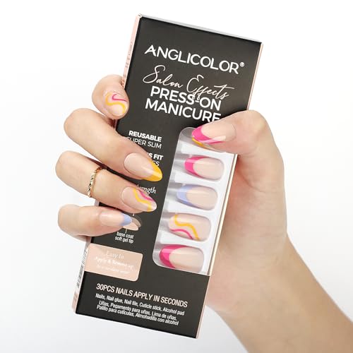 Anglicolor Uñas postizas,Puntas de uñas reutilizables con forma de almendra, uñas francesas Press-On, uñas postizas de gel cortas, 15 tamaños Contiene 30 uñas, press on nails gel (A102, 30 cuentas)