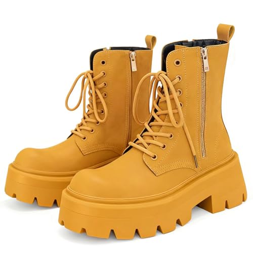 CrazySavage Men's Black Leather Lace-up Platform Combat Boots Wide Toe Side Zipper Chunky Heel Lug Sole Ankle Booties Comfort High Top Waterproof Biker Boots (Yellow,12)