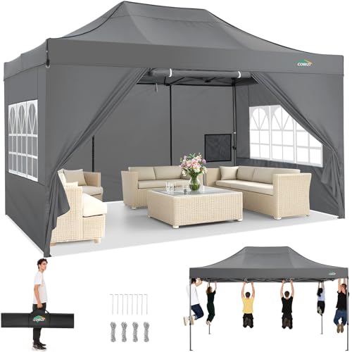 COBIZI Faltpavillon Pavillon 3x4.5 Wasserdicht Stabil, Outdoor Faltbar Garten Pavillon UV Schutz 50+, Partyzelt mit 4 Seitenteilen, Grau
