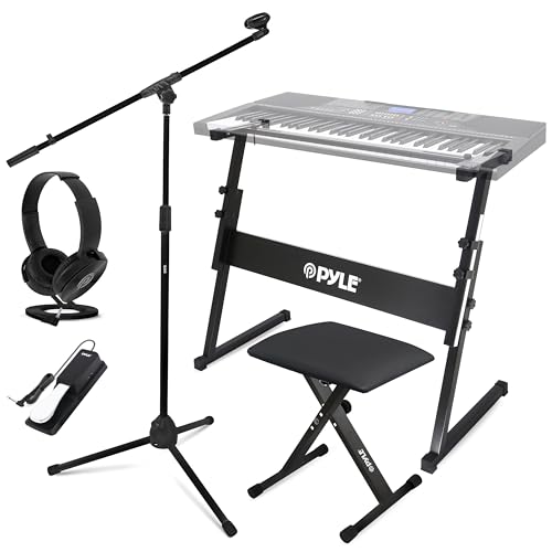 Image of PYLE Heavy-Duty Electric Keyboard Accessories, E Piano Equipment Pack Includes Height Adjustable Z Shape Keyboard Stand, Keyboard Stool, Microphone Stand, Headset, and Sustain Pedal, Black