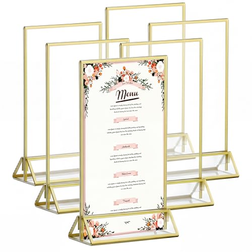 QWORK® 6 Stück Goldene Bilderrahmen A6, Acryl-Schilderhalter Doppelseitig, Tischnummernhalter, für Hochzeitstischnummern, Menühalter, Foto