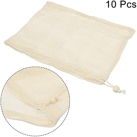 sourcing map Reusable Produce Bags 10Pcs, Cotton Mesh Bags with Drawstring, Reusable Shopping Grocery Bags for Fruits Vegetables Storage -Beige