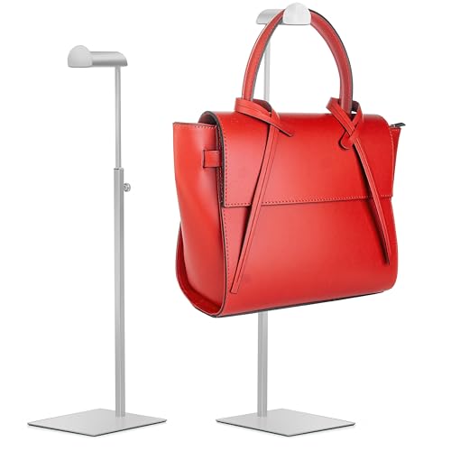 FNG8 Perchero de Pie Ajustable para Bolsos [Pack de 2] - Soporte para Bolsos de Mano Multiusos - Colgador Bolsos de Acero Inoxidable Plata Metálico - Fácil Ajuste de la Altura, Base Plana Estable