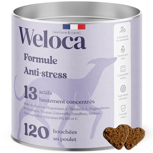 Weloca Anti-Stress Chien - 13 Actifs puissants naturels - Calmant pour Chiens stressés, anxieux, réactifs, Chiens hyperactifs - 120 bouchées apaisantes savoureuses -...