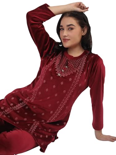 Image of Duchess Women's Supersoft Velvet Printed Nightsuit for Winter wear