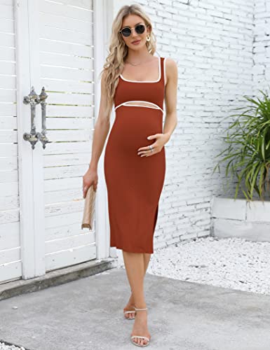 Funjuly Womens Maternity Cutout Tank Dress Summer Casual Sleeveless Side Slit Ribbed Bodycon Party Midi Dress For Baby Shower Brown L #TOP4