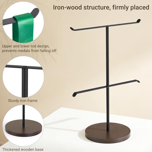 Image of Mkono Medal Hanger Display, Metal Medal Holder, Race Award Medals Display Stand for Running, Sports, Marathon, Wrestling, Taekwondo, Wood and Iron Material, 12x16 Inches (Black and walnut)