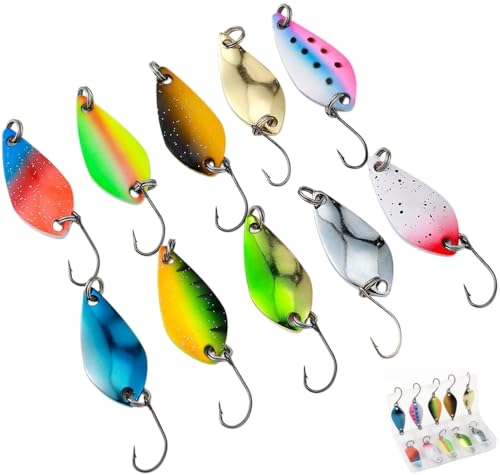 10pcs Fishing Lures with Single Hook 1.2 inch-1/11oz(2.5g) Multicolor Trout Spoon Fishing Spoons Set with Storage Box for Trout Salmon Bass Fishing