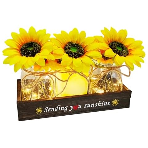 Golden Associate Get Well Soon Gift Baskets, Mason Jar Centerpiece with Wood Tray and Artificial Sunflowers Set, Women Birthday Thank You Gifts Cover