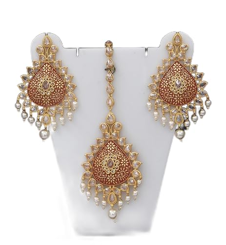 Conjunto de pendiente Chandbali y maang tikka de perlas tradicionales para mujer