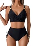 Sangdut Damen Bikini Sets Zweiteiliger V Ausschnitt Kordelzug Side Badeanzug Hoher Taille Bauchweg Bikini Swimsuit (L, Schwarz)