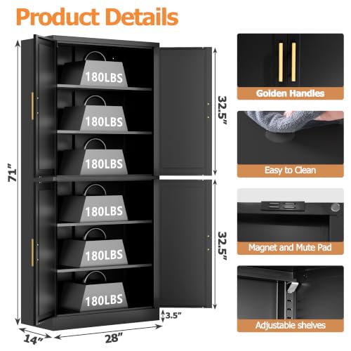 Image of Wanfu 71 inch Tall Pantry Cabinet, Metal Kitchen Pantry Cabinet with 4 Doors and 4 Adjustable Shelves, Kitchen Pantry Storage Cabinets, Metal Storage Cabinet for Kitchen, Dining Room, Living Room-Black