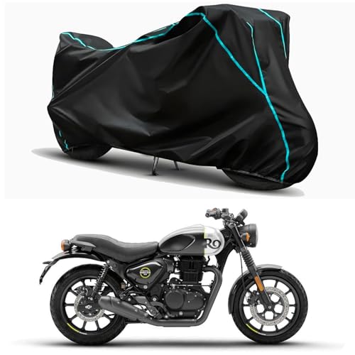 Image of Waterproof Bike Body Cover Compatible for | Royal Enfie Hunter 350 BS6 | Taffeta Fabric, Sky Piping Design, Bottom Elastic Fit | Dustproof, Sun UV & Rain Protection for All Weather.