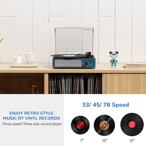 Image of Vinyl Record Player with 2 Stereo Speakers Belt-Driven Vintage Turntables 3 Speed 3 Size Wireless Bluetooth Playback AUX-in RCA Out Headphone LP Vinyl Players Auto Stop Frosted Blue