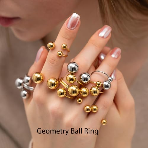 OIDIMS Unique Geometric Balls Asymmetric Wrap Open Ring for Women Dainty Double 2 Rings Fashion Ball Statement Tiny Stainless Steel Promise Finger Knuckle Pinky Stacking Band Christmas Birthday Gifts2