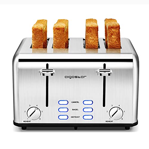 Toaster 4 Slice Wide Slot Stainless Steel Toasters With Bagel, Reheat, Cancel, Defrost Function, 6 Shade Settings, Removable Crumb Tray, 1550W, Aigostar #TOP23
