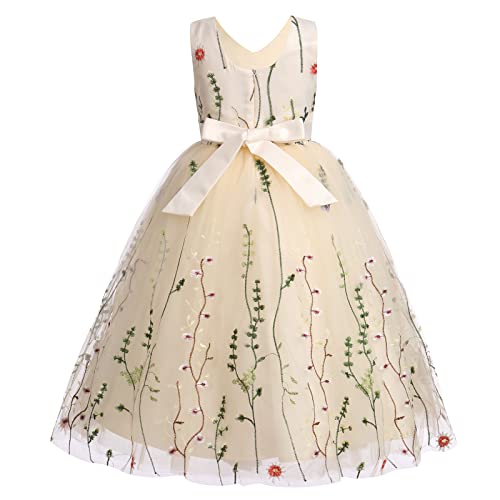 Floral Embroidered Tulle Dress Girls Sleeveless Birthday Wedding Pageant Party Formal Long Tutu Dresses3