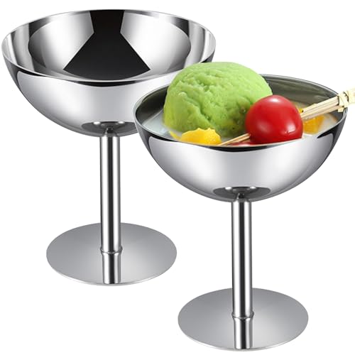 Stainless Steel Bowl for Ice Cream,2 Pcs Ice Cream Cups Goblet,Stainless Steel Dessert Bowl Cup,High Footed Pudding Cu-p,Reusable De-ssert Cu-p,Round High Footed Reusable Dessert Sundae Pudding C-up