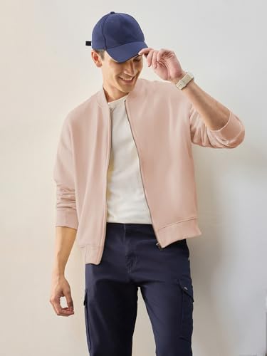 Image of Nobero Men's Premium Fleece Bomber Jacket | 280 GSM Fabric | Regular Fit Zip-Up Outerwear | Shirt Collar | Ribbed Cuffs & Hem | Casual Winter Layering Jacket