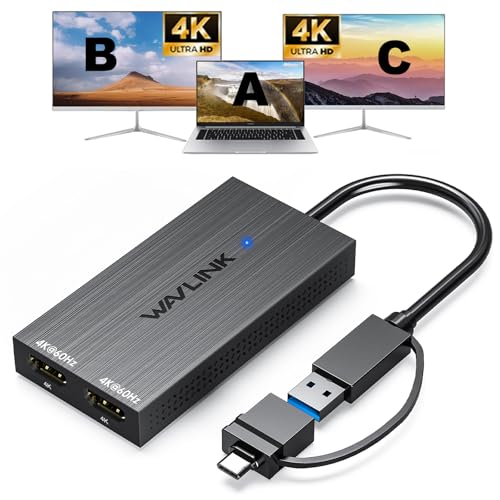 WAVLINK Adaptador USB 3.0 o USB C Displaylink Dual HDMI 4K 60Hz para Monitores Dobles, USB A/C a Salida HDMI 4K para Mac M1/M2/M3 o Windows 10/11