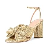 MICIFA Gold Bow Heels for Women Open Toe Block Chunky Heels Bow Knot Heeled Sandals Ankle Strap Bride Wedding Shoes
