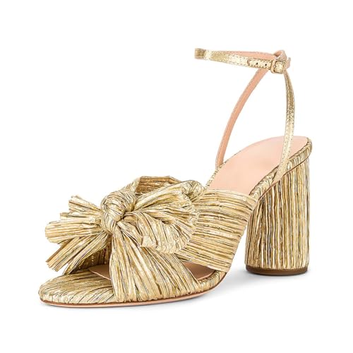 Image of MICIFA Women's Gold Bow Heels Sandals Bride Wedding Block Chunky Heels Ankle Strap Shoes Bow Knot