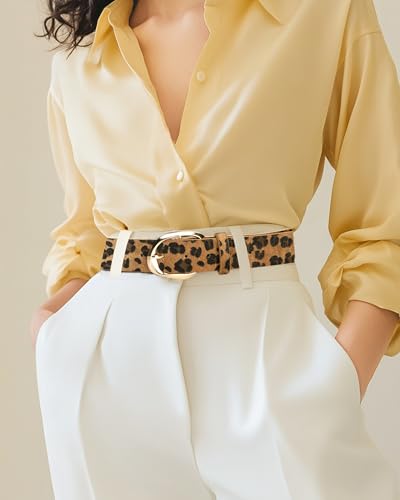 Women’s Leopard Print Leather Belts for Women, Cheetah Print Belt with Gold Buckle, Width 1.46"2